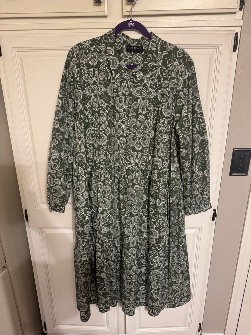Lane Bryant Olive Green Printed Tiered Button-Front Midi Dress